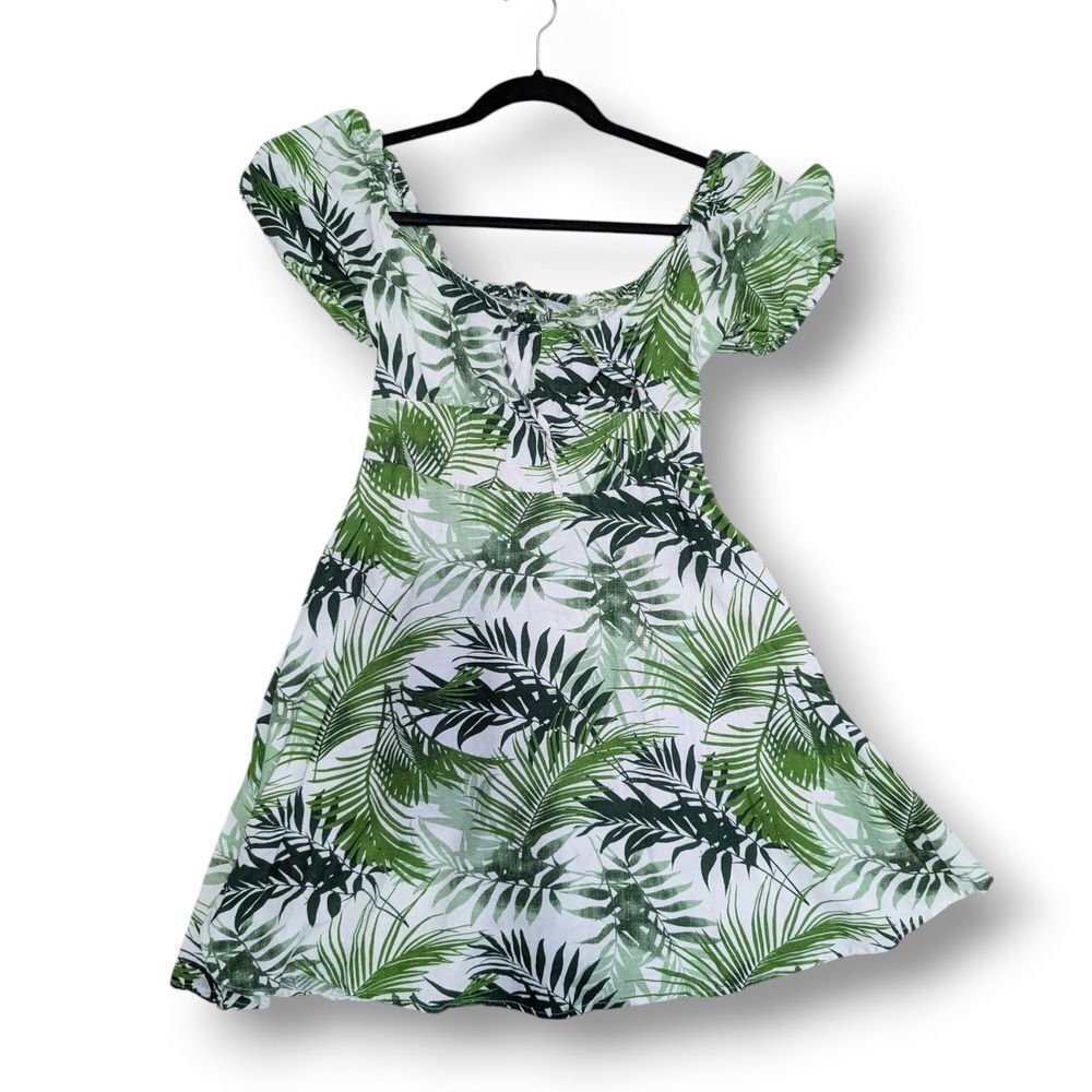Tropical Palm Print Mini Dress Size S | Off Shoulder Smocked Puff Sleeve Japna